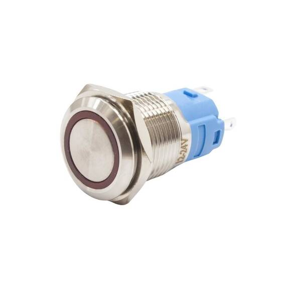 16A-P1-E 16mm Düz Yaylı Işıklı Metal Buton - Kırmızı