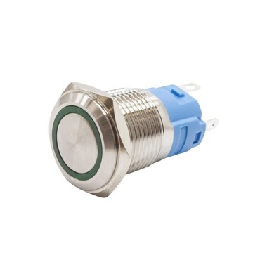  - 16A-P1Z-E 16mm Düz Anahtarlı Işıklı Metal Buton - Yeşil