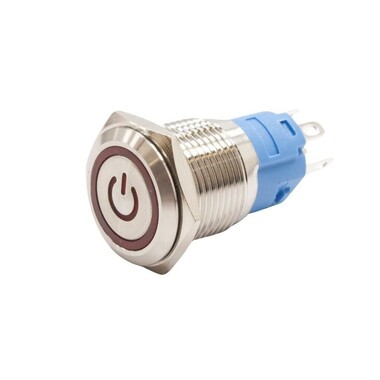  - 16A-P1Z-EC 16mm Düz Anahtarlı Işıklı Power Metal Buton - Kırmızı