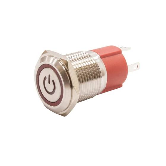 16D-P1-EC 16mm Düz Yaylı Işıklı Power Metal Buton - Kırmızı