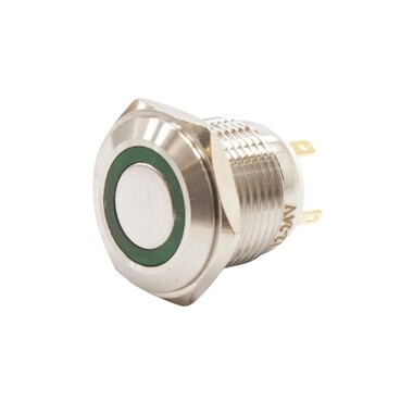  - 16H-P1-E 16mm Düz Yaylı Işıklı Metal Buton - Yeşil