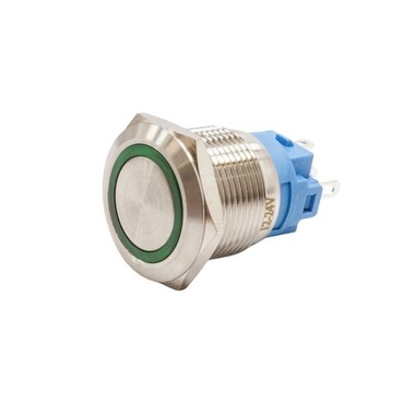 - 19A-P1Z-E 19mm Düz Anahtarlı Işıklı Metal Buton - Yeşil