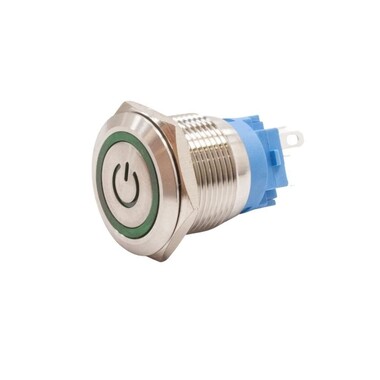  - 19A-P1Z-EC 19mm Düz Anahtarlı Işıklı Power Metal Buton - Yeşil