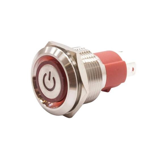 19D-P1Z-EC 19mm Düz Anahtarlı Işıklı Power Metal Buton - Kırmızı
