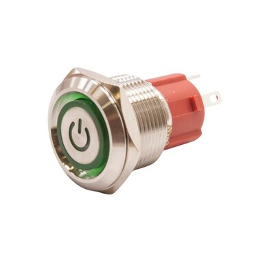  - 19D-P1Z-EC 19mm Düz Anahtarlı Işıklı Power Metal Buton - Yeşil