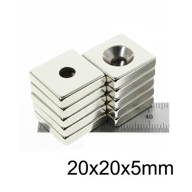  - 20X20x5-5mm Havşa Delikli Neodyum Güçlü Mıknatıs - Neodim Magnet