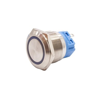  - 22B-P1-E 22mm Düz Yaylı Işıklı Metal Buton - Mavi