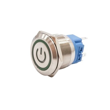  - 22B-P1Z-EC 22mm Düz Anahtarlı Işıklı Power Metal Buton - Yeşil