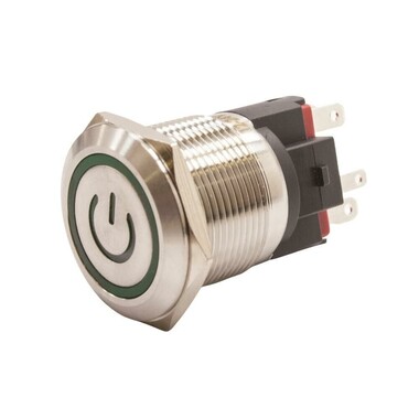  - 22E-P1-EC 22mm Düz Yaylı Işıklı Power Metal Buton - Yeşil