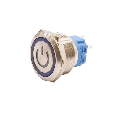  - 25B-P1Z-EC 25mm Düz Anahtarlı Işıklı Power Metal Buton - Mavi