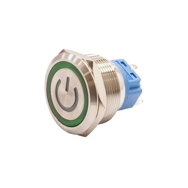  - 25B-P1Z-EC 25mm Düz Anahtarlı Işıklı Power Metal Buton - Yeşil